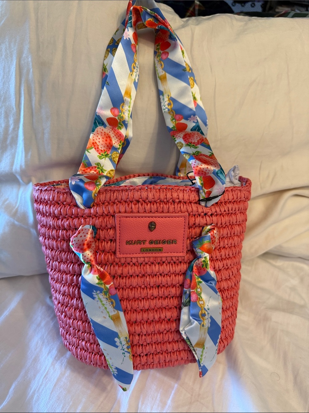Kurt Geiger Coral Woven Tote with Patterned Scarf Handles